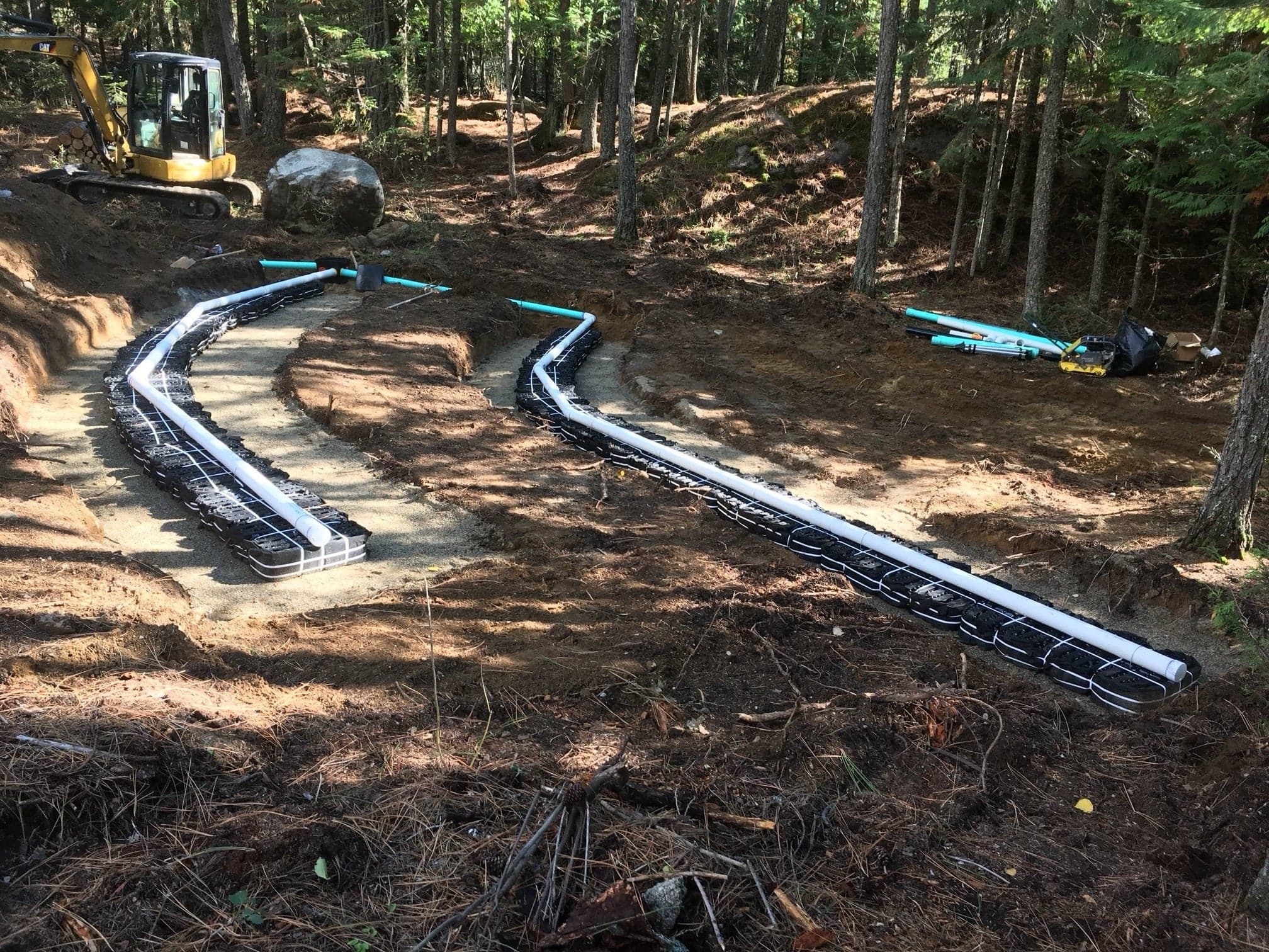 Eljen GSF module trenches following hillside contours near Sandpoint, Idaho.